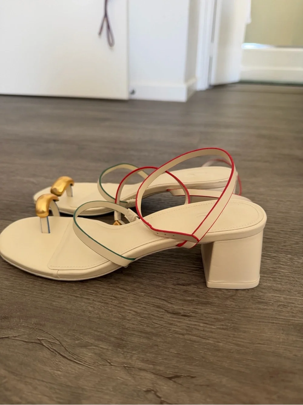 Larroude Cream Block Heel Sandals with Red and Green Trim